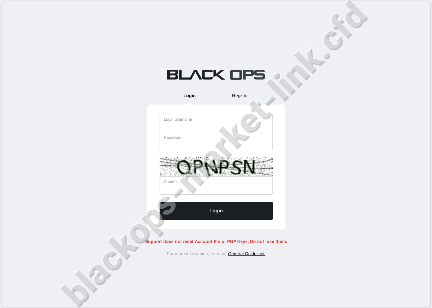 BlackOps market login screen — mandatory PGP key and 2FA activation